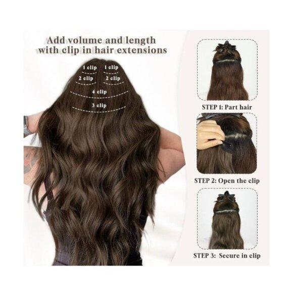 Vigorous Womens 20" Dark Brown Wavy Clip-In Hair Extensions 6 Pcs Set Synthetic - Picture 5 of 8